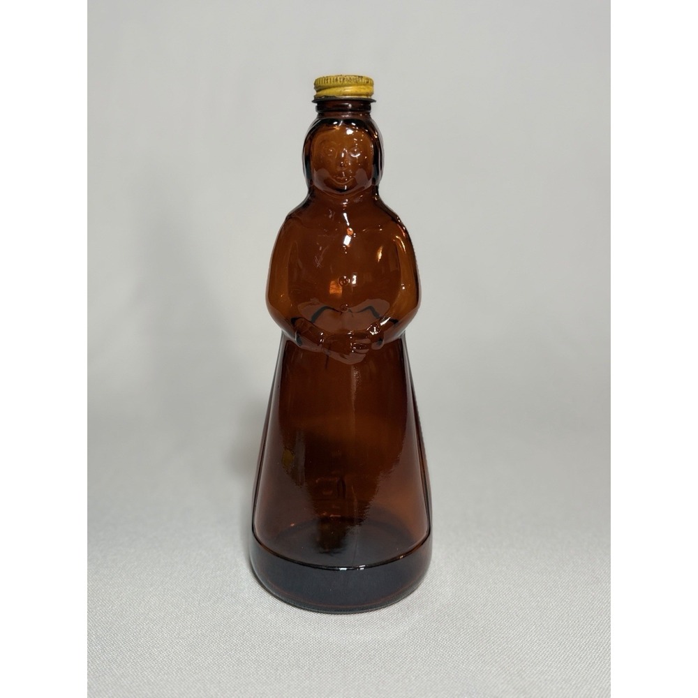 Vtg 70's Mrs. Butterworth's Amber Glass Syrup Bottle 10" Yellow Cap 24oz 6472